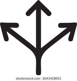 A simple, black, hand-drawn arrow splits into three directions, pointing up, left, and right, on a white background.