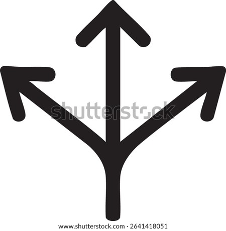 A simple, black, hand-drawn arrow splits into three directions, pointing up, left, and right, on a white background.