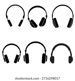 Sencilla colección de iconos de auriculares negros que simboliza la música, el audio, el podcast, la radio y la tecnología de sonido en un diseño plano moderno.