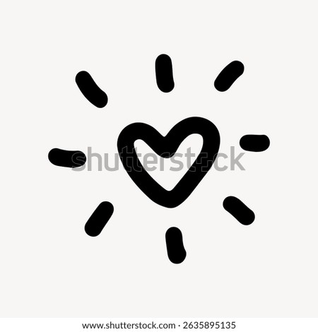 Simple black heart icon with radiating lines on a white background. Heart symbol surrounded by lines. Minimalist heart design with lines. Cute doodle vector.