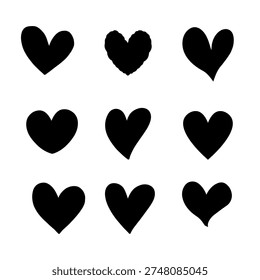 Simple black heart icon set representing love romance relationships and social media reactions.