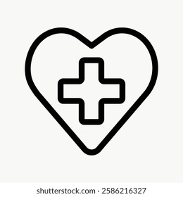 Simple black heart outline with a cross inside, symbolizing health, medical care, and wellness. Heart and cross design for health-related themes. User interface icon vector.