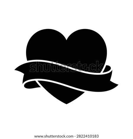 A simple black heart shape with a banner or ribbon wrapped around it, symbolizing love and celebration.