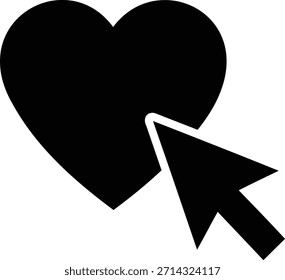 A simple black heart shape with a black mouse cursor clicking on it, set against a pure white background, creating a striking contrast between the dark shapes and the clean white space