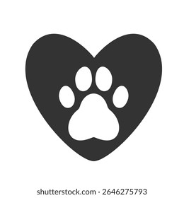 Simple black heart and white paw symbol – clean vector illustration ideal for pet care branding, rescue shelters, or emotional animal-themed graphics.