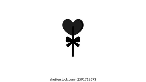 Simple black heart-shaped lollipop icon with ribbon.. Silhouette of a flower