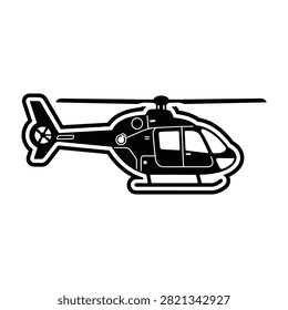Simple black helicopter illustration with rotor blades and tail on white background