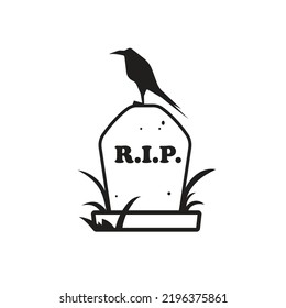 Simple black helloween icon of grave with crow. Monochrome helloween doodle. Grave illustration.