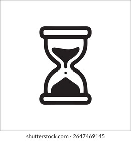 A simple black hourglass icon on a white background, representing time, duration, and the concept of waiting or a pending process. Ideal for web and app interfaces or conceptual designs.