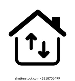 Simple black house icon with up and down arrows representing indoor airflow and air circulation. Ideal for HVAC systems, ventilation, heating, cooling, climate control, home comfort, energy efficiency and building services.