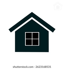 Simple black house icon with a square window, a minimalist vector illustration for real estate, web design, and property concepts
