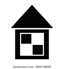 Simple black house icon with triangular roof and square window on white background