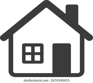 Simple black house icon with window and chimney on white background, minimal flat design