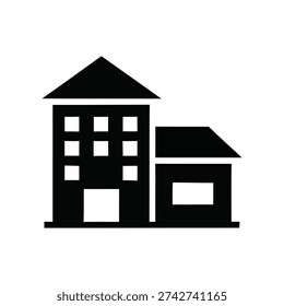 Simple black house illustration with multiple windows and a smaller adjacent building viewed from the front