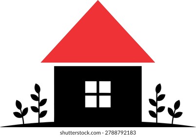 Simple black house with red triangular roof and two small plants on sides