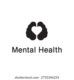 A simple black icon of a brain with a heart in the negative space, symbolizing mental health, self-care, and emotional well-being.