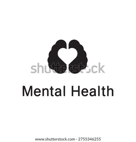 A simple black icon of a brain with a heart in the negative space, symbolizing mental health, self-care, and emotional well-being.