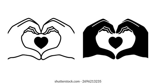 Simple black icon bundle of hands creating a heart shape, symbolizing love and unity.
