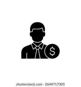 Simples ícone preto de um empresário com um sinal de dólar. Representa finanças, riqueza e sucesso empresarial.