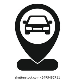 Einfaches schwarzes Symbol eines Autos in einem Kartenstift, das den Standort eines Fahrzeugs darstellt