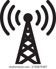 Icono negro simple de una torre celular con ondas de señal curvas que emanan de la parte superior sobre un fondo blanco que simboliza la comunicación inalámbrica y la tecnología de red móvil.