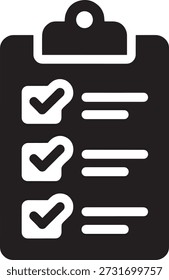 Simple black icon of a clipboard with a checked list on a white background symbolizing task completion and organization.