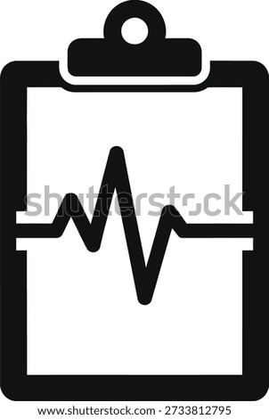 A simple black icon of a clipboard with a stylized electrocardiogram on a white background, representing medical or health concepts in a minimalist style