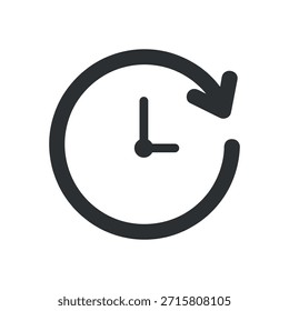 Ícone preto simples de um relógio com uma seta giratória, representando tempo, ciclos ou processos de repetição.