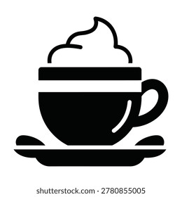 A simple black icon of a coffee cup on a saucer with whipped cream on top, perfect for design and branding projects
