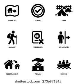 Simple Black Icon Collection Representing Migration and Immigration Related Concepts