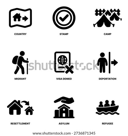 Simple Black Icon Collection Representing Migration and Immigration Related Concepts