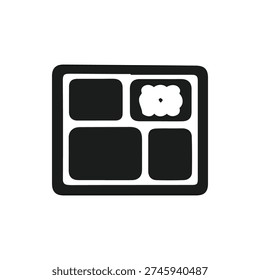 A simple black icon of a compartmentalized lunch tray or bento box. Ideal for food service, school lunch, and meal planning themes.
