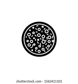 Simple black icon. Cooked pizza with cutted piece with tomato and mushroom.