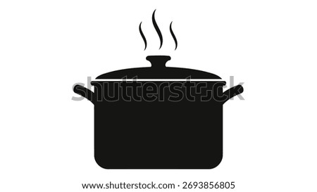 A simple black icon of a cooking pot with steam rising, isolated on a white background. Ideal for culinary designs, restaurant menus, and kitchen-related graphics. Clean style.