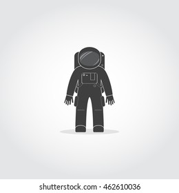 Simple black icon of cosmonaut or astronaut wearing space suit with helmet and backpack with life support system.