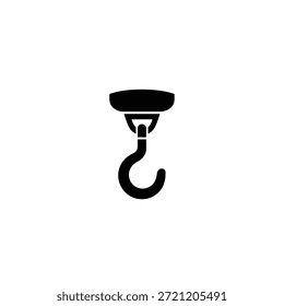 Um ícone preto simples de um gancho de guindaste e seu ponto de fixação em um fundo branco.