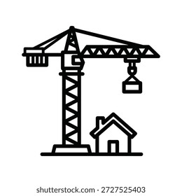 Simple black icon of crane lifting small house illustration