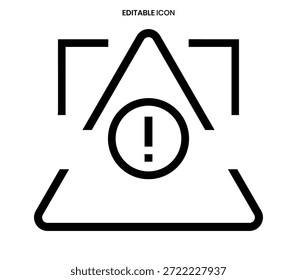 Ein einfaches schwarzes Symbol, das eine Kamera mit einem Warn- oder Warnausrufezeichen darstellt.