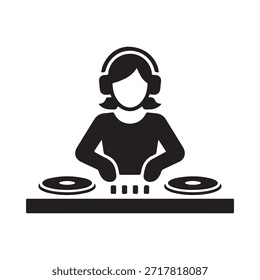 Un simple icono negro que representa a un dj con auriculares y tocadiscos