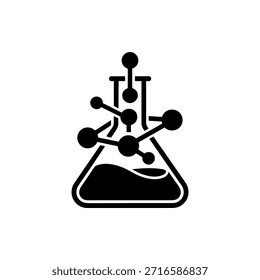 Icono negro simple que representa un frasco con productos químicos burbujeantes, que simboliza la experimentación científica y el descubrimiento.