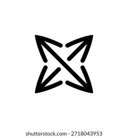 Un simple icono negro que representa cuatro flechas que irradian hacia afuera desde un punto central.