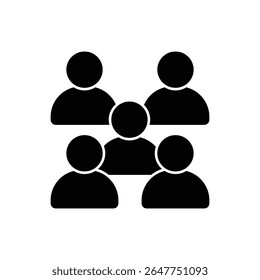 Simple black icon depicting a group of five people, symbolizing teamwork and community.
