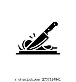 A simple black icon depicting a knife slicing an onion on a plate, suggesting food preparation.