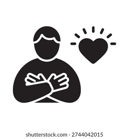 A simple black icon depicting a person embracing a heart shape
