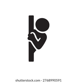 A simple black icon depicting a person subtly peeking from behind a vertical object conveying curiosity or cautious observation.