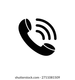Un simple icono negro que representa un teléfono que suena, simbolizando la comunicación, el contacto y la conexión. Aislado en blanco.