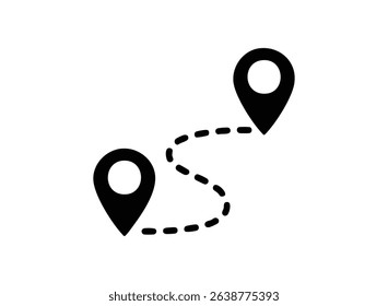 Simple black icon depicting a route between two locations, represented by map pointers connected by a dotted line. Ideal for navigation, travel, or location-based apps.