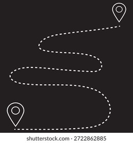 Ícone preto simples representando uma rota entre dois locais, representado por ponteiros de mapa conectados por uma linha pontilhada. Ideal para navegação, viagens ou aplicativos baseados em local.