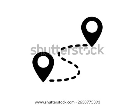 Simple black icon depicting a route between two locations, represented by map pointers connected by a dotted line. Ideal for navigation, travel, or location-based apps.