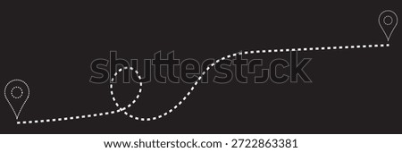 Simple black icon depicting a route between two locations, represented by map pointers connected by a dotted line. Ideal for navigation, travel, or location-based apps.